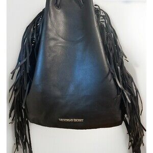Victoria’s Secret Black Leather Backpack Bag With Fringe